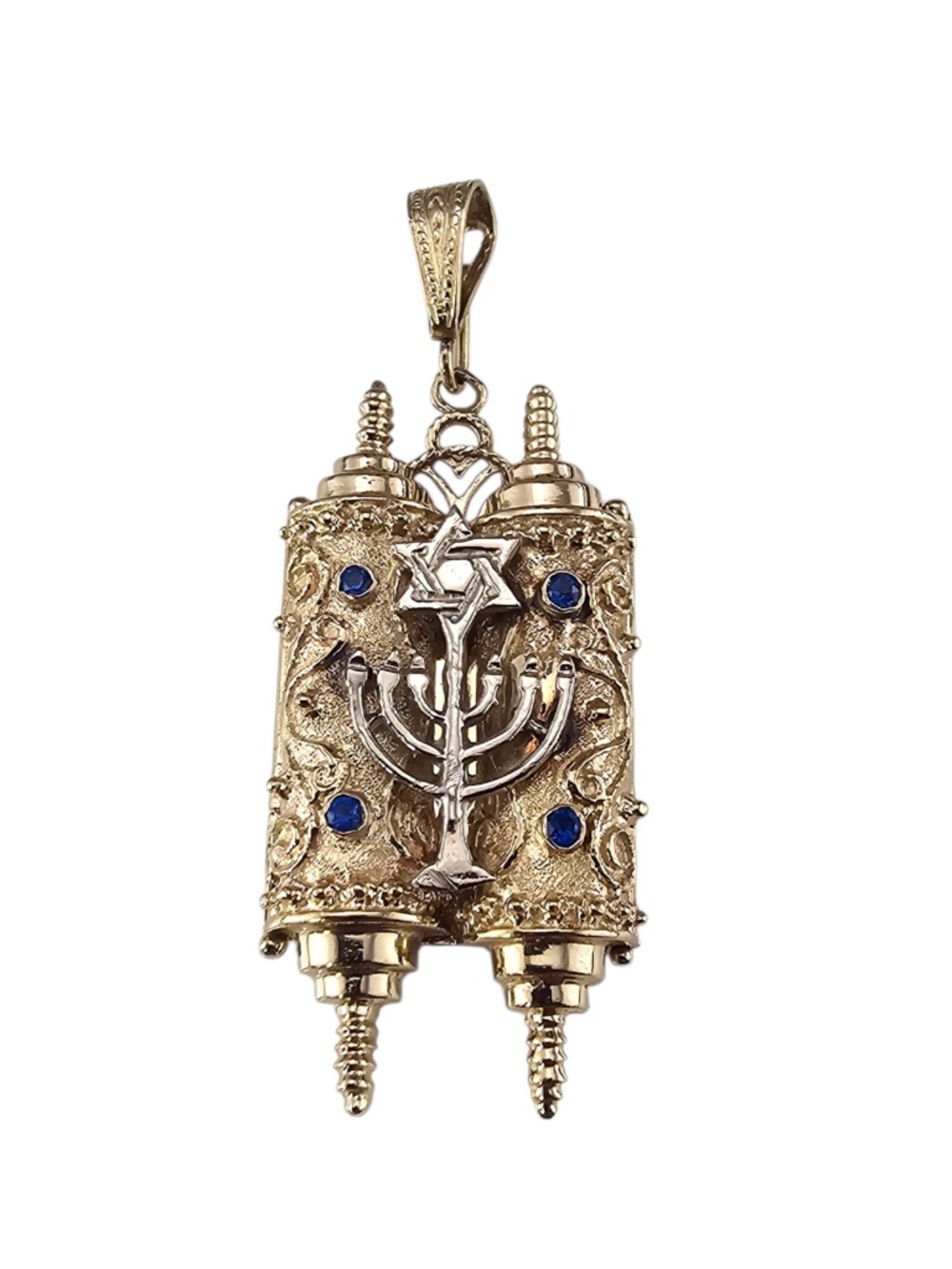 14K Yellow Gold Torah Scroll Pendant with Star of David and Menorah #24649